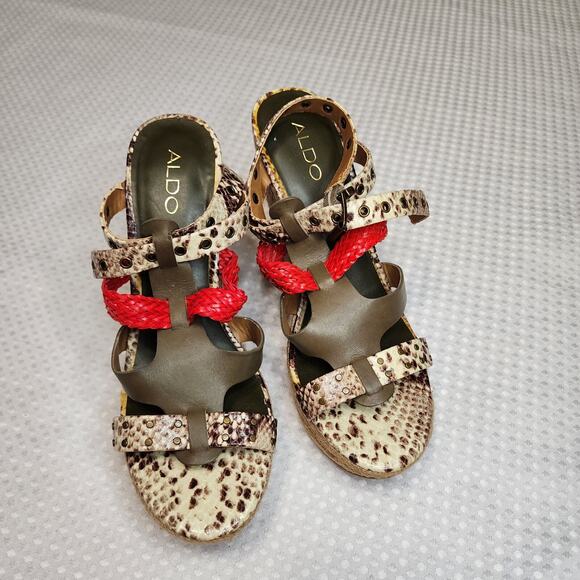 Aldo Wedge Sandal Women US 8.5 Platform Hemp Espadrille Red Brown Snake Skin - Picture 1 of 8
